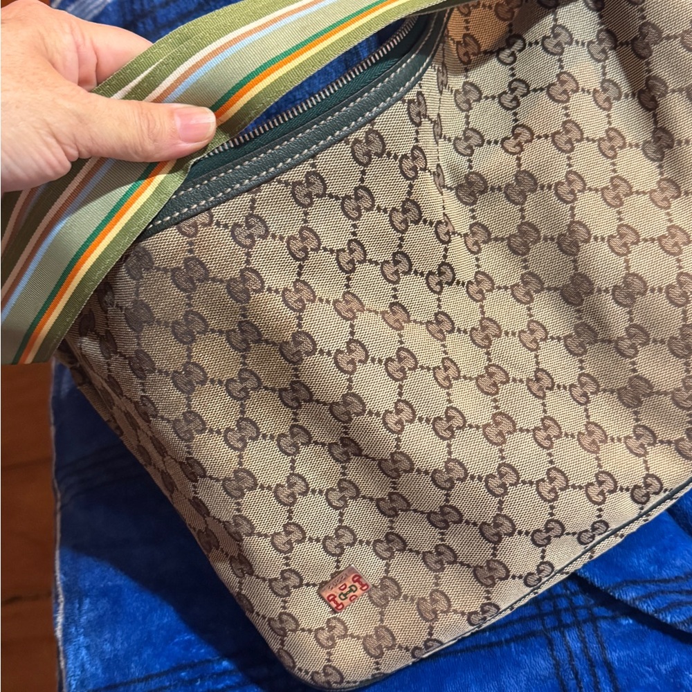 Gucci Beige Monogram Canvas Bag with Green Strap